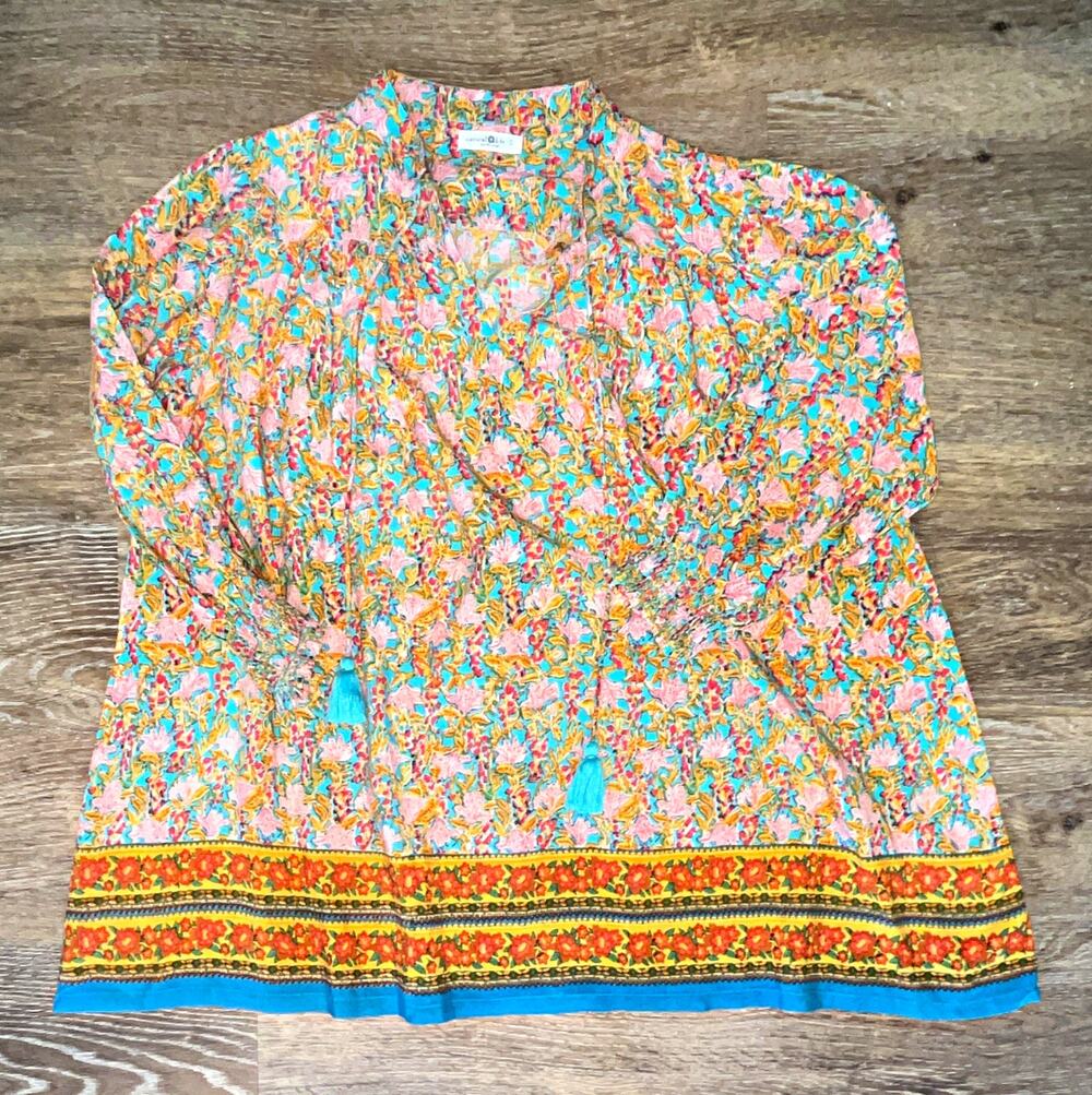 Natural Life Floral Multicolor V-Neck Tassel Tunic Blouse Long Sleeve Size S
